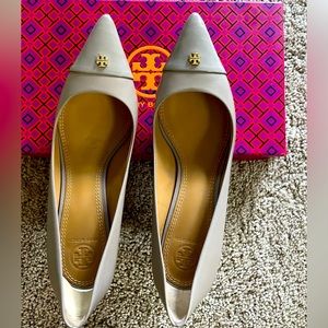 Stylish grey leather Tory Burch high heels, worn twice. Heel Height 2.75 in